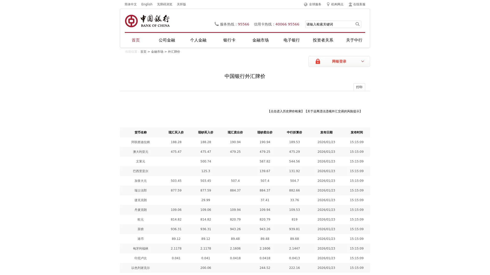 中国银行外汇牌价查询